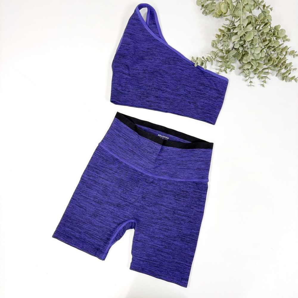 PELOTON • Purple & Black One Shoulder Seamless Crop‎ Bra & Biker Short Set - Picture 2 of 5